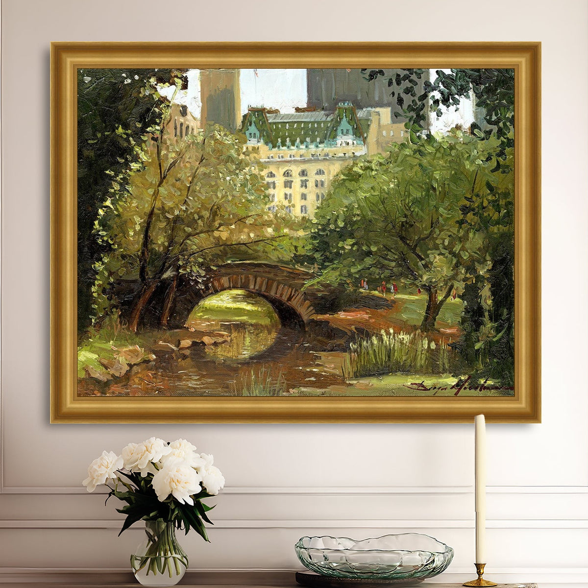 A canvas print of 'Summer in Central Park, New York' featuring bridge in the park and Plaza Hotel in the background.