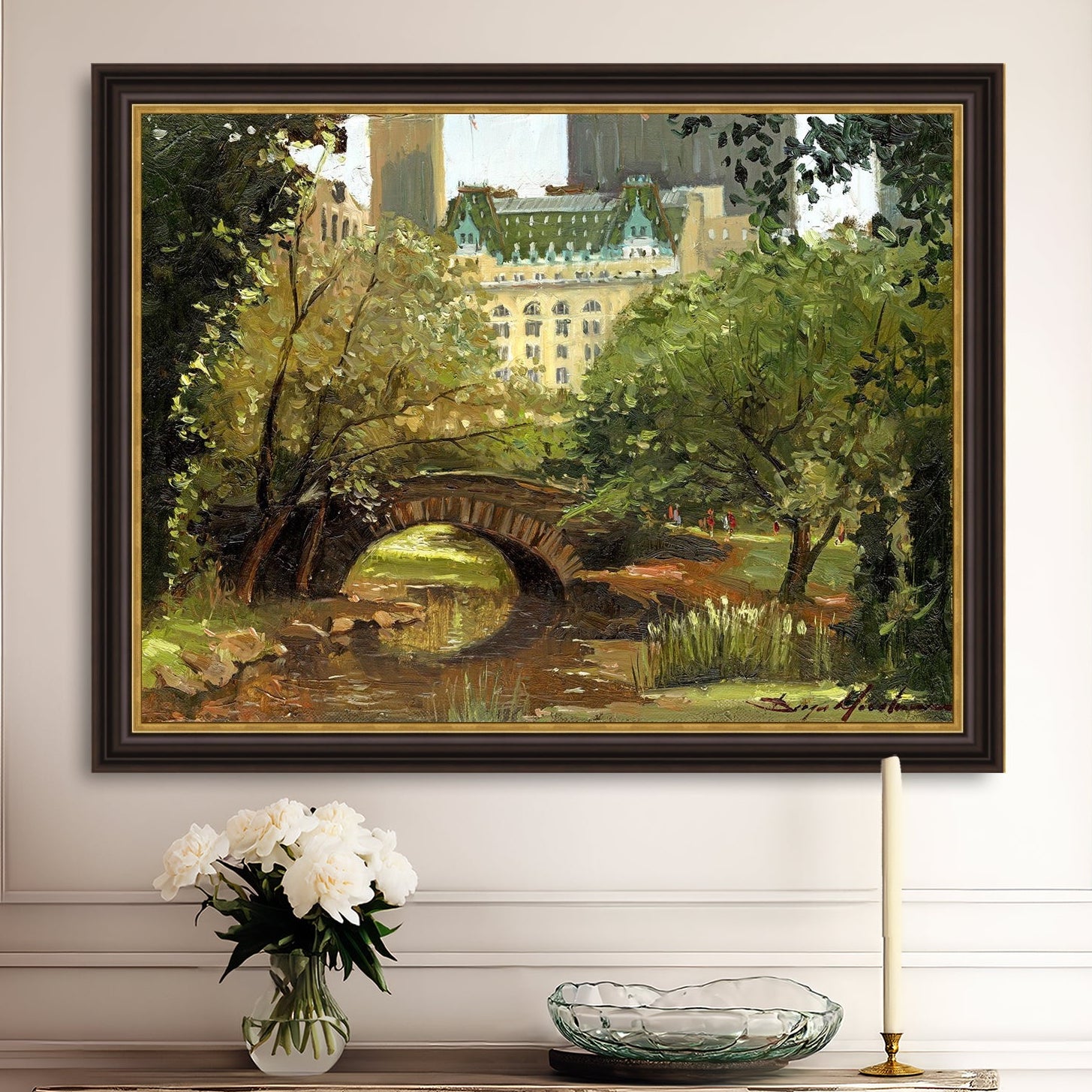A canvas print of 'Summer in Central Park, New York' featuring bridge in the park and Plaza Hotel in the background.