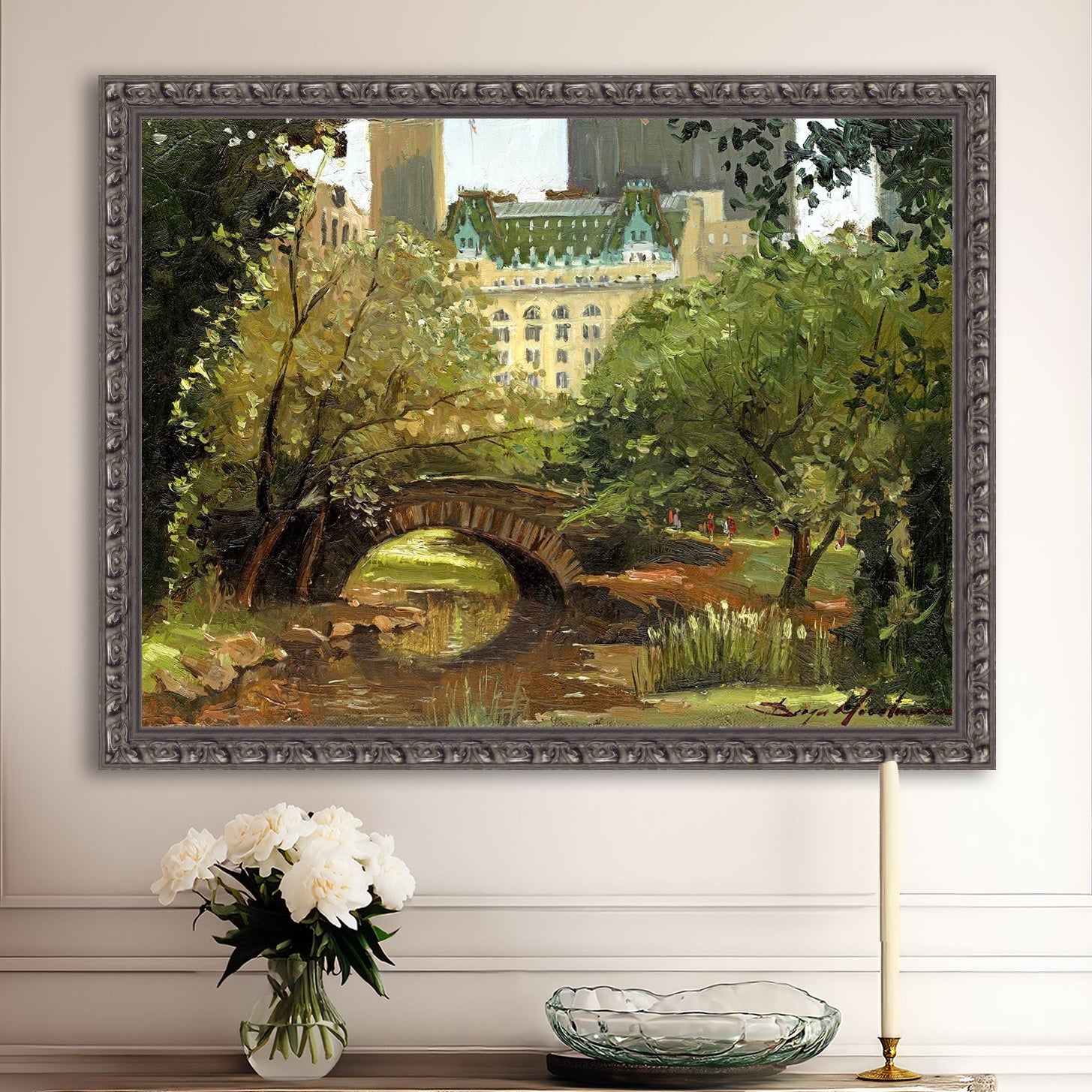 A canvas print of 'Summer in Central Park, New York' featuring bridge in the park and Plaza Hotel in the background.