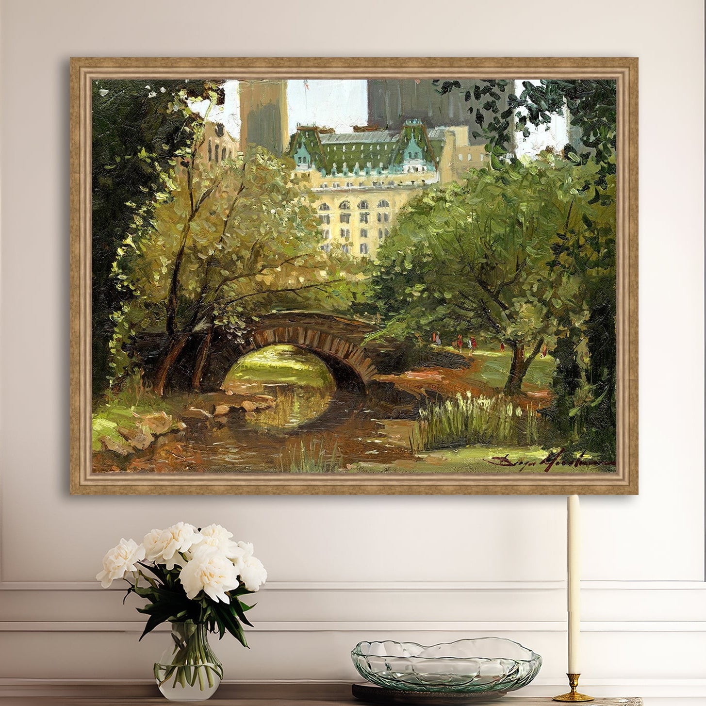 A canvas print of 'Summer in Central Park, New York' featuring bridge in the park and Plaza Hotel in the background.
