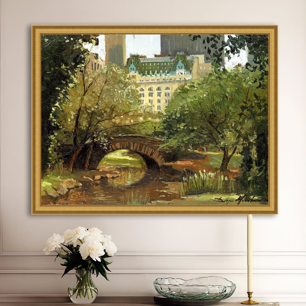 A canvas print of 'Summer in Central Park, New York' featuring bridge in the park and Plaza Hotel in the background.