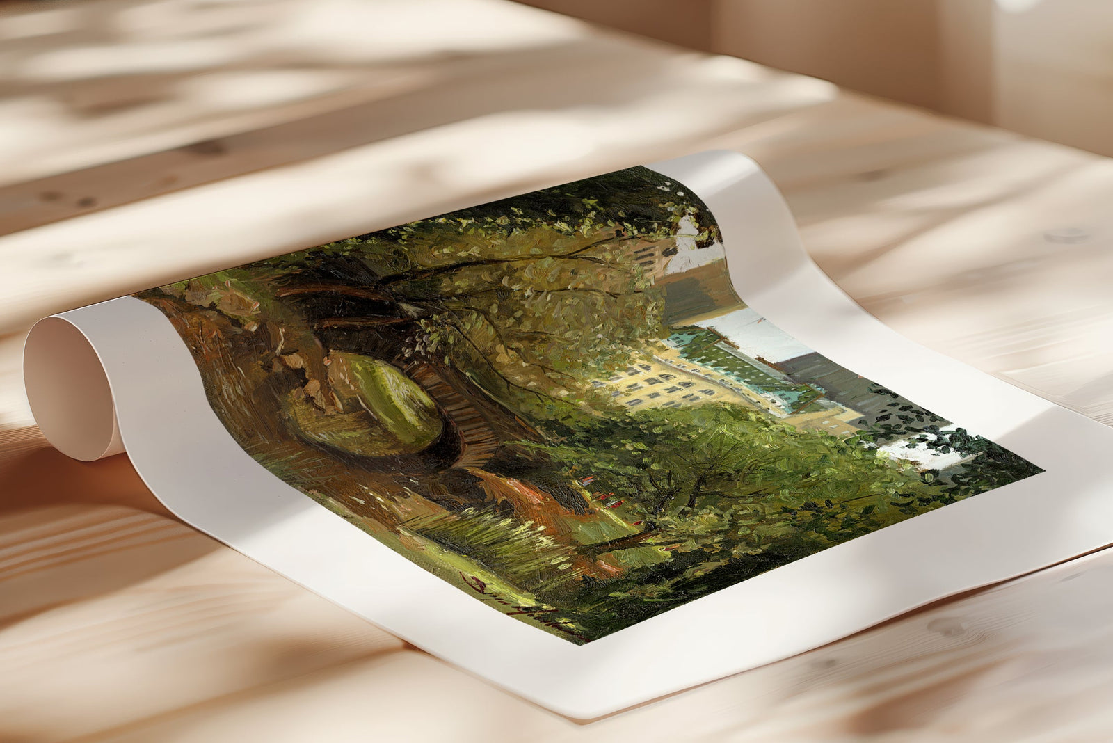 A canvas print of 'Summer in Central Park, New York' featuring bridge in the park and Plaza Hotel in the background.