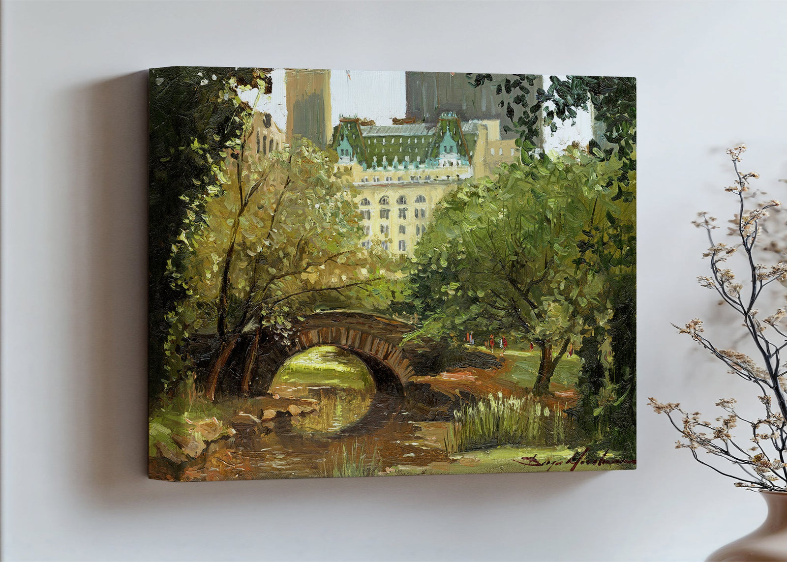 A canvas print of 'Summer in Central Park, New York' featuring bridge in the park and Plaza Hotel in the background.