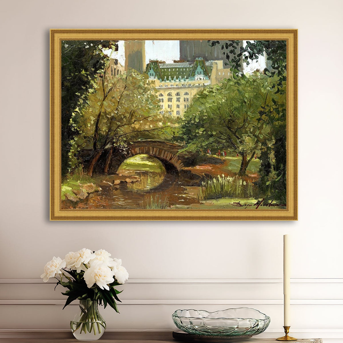 A canvas print of 'Summer in Central Park, New York' featuring bridge in the park and Plaza Hotel in the background.