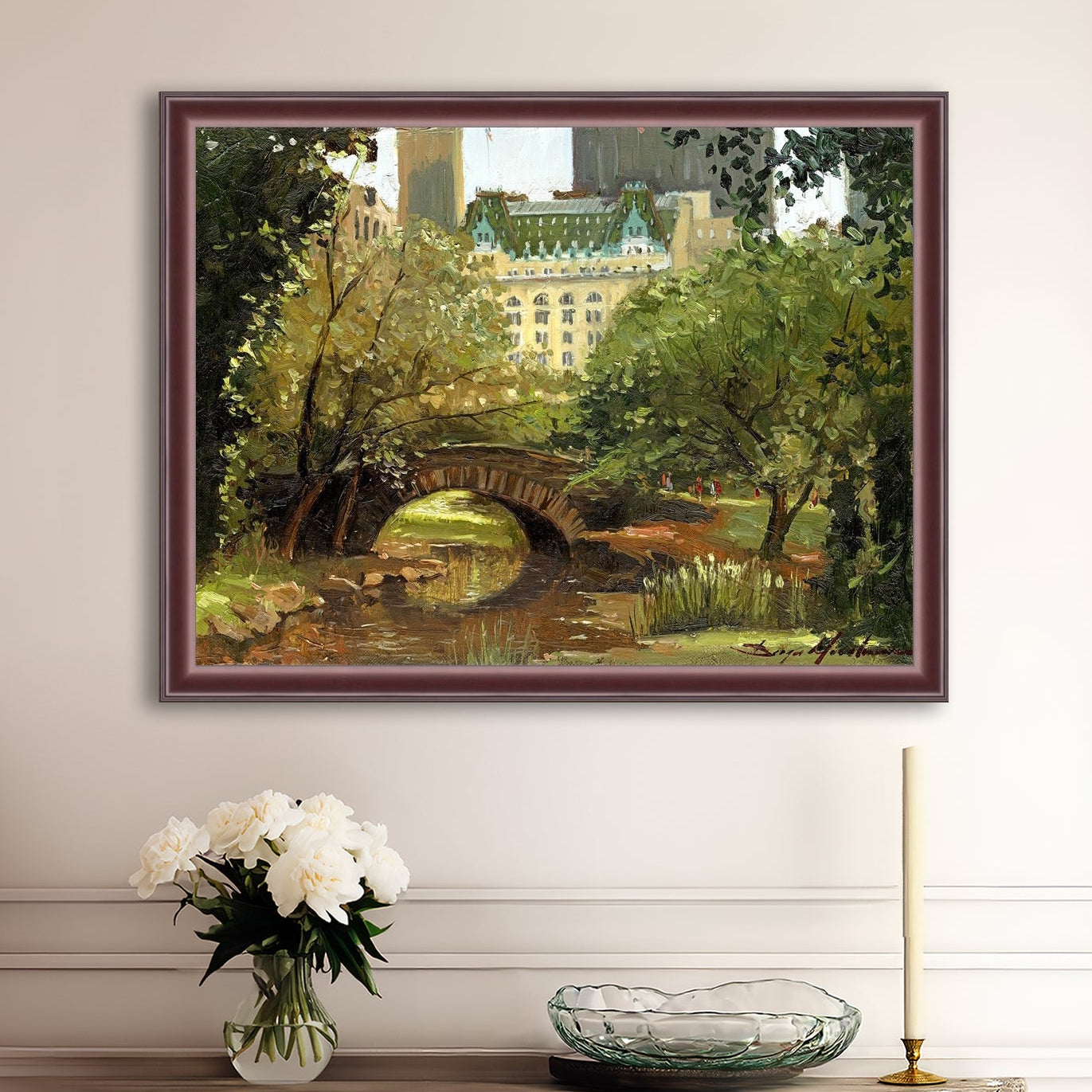 A canvas print of 'Summer in Central Park, New York' featuring bridge in the park and Plaza Hotel in the background.