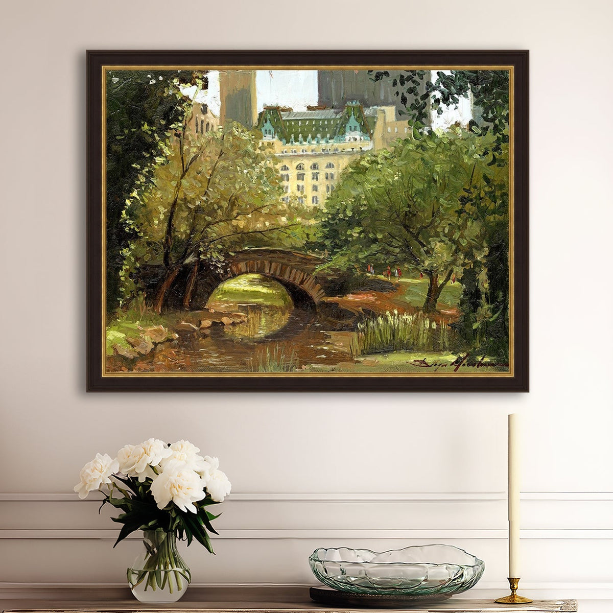 A canvas print of 'Summer in Central Park, New York' featuring bridge in the park and Plaza Hotel in the background.