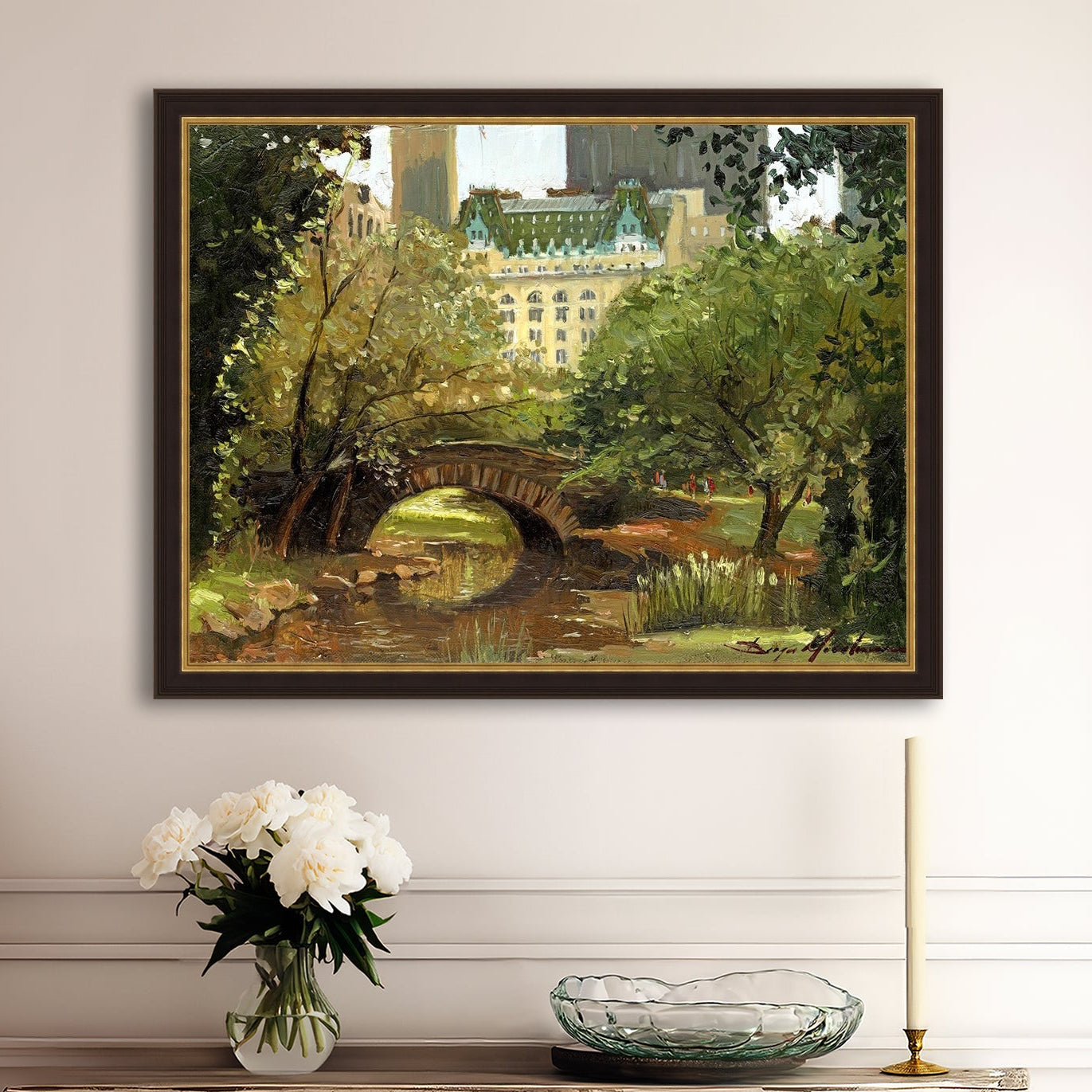 A canvas print of 'Summer in Central Park, New York' featuring bridge in the park and Plaza Hotel in the background.