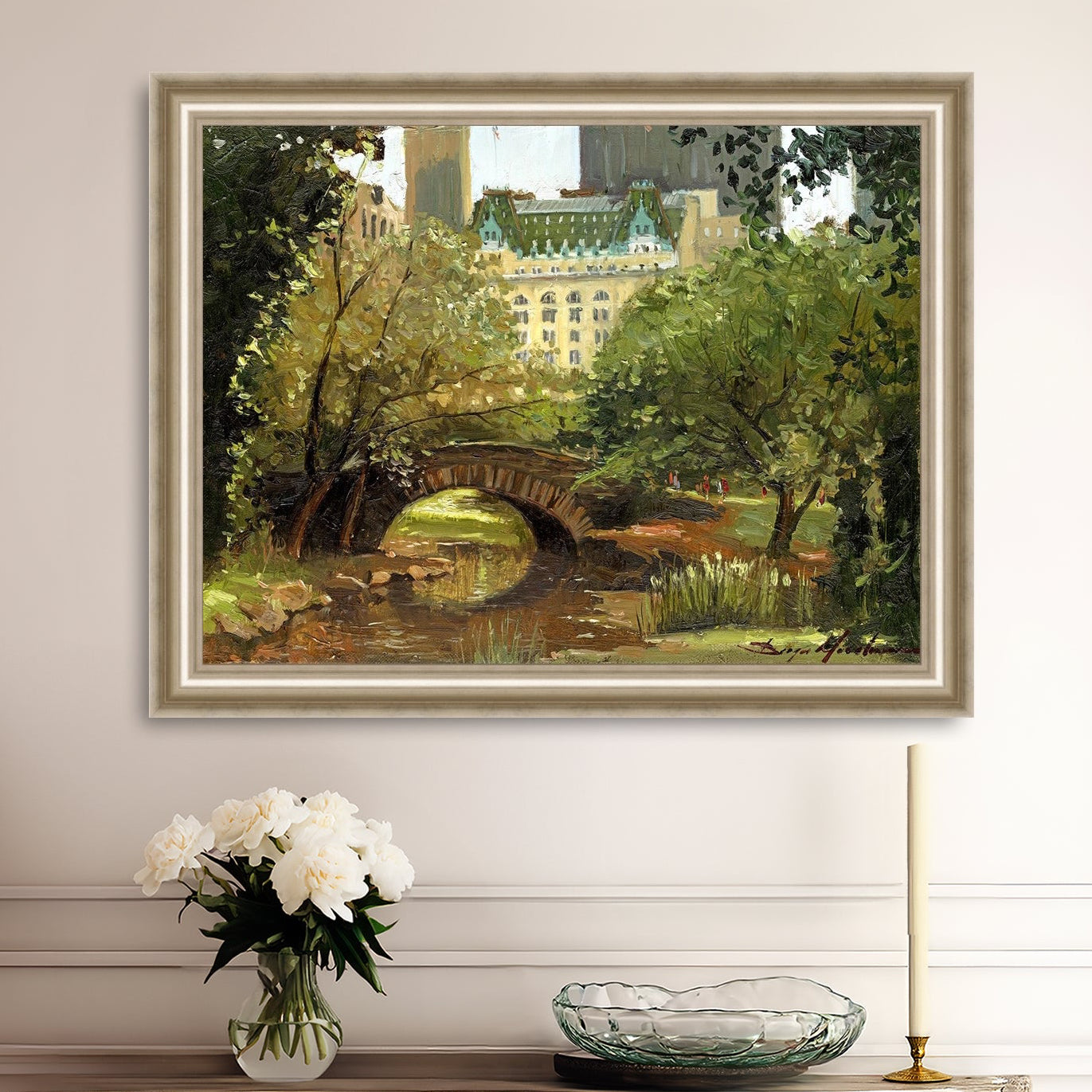 A canvas print of 'Summer in Central Park, New York' featuring bridge in the park and Plaza Hotel in the background.