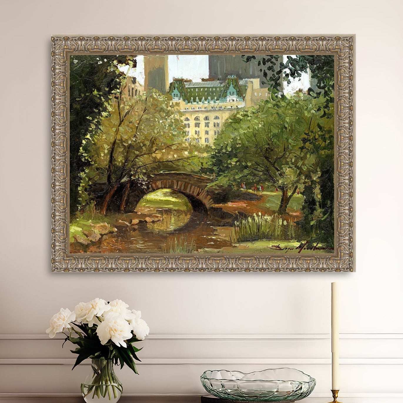 A canvas print of 'Summer in Central Park, New York' featuring bridge in the park and Plaza Hotel in the background.