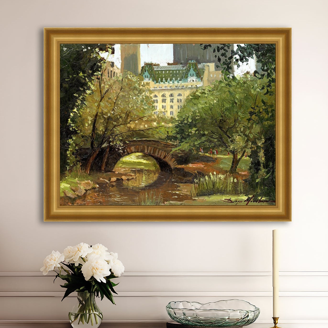A canvas print of 'Summer in Central Park, New York' featuring bridge in the park and Plaza Hotel in the background.