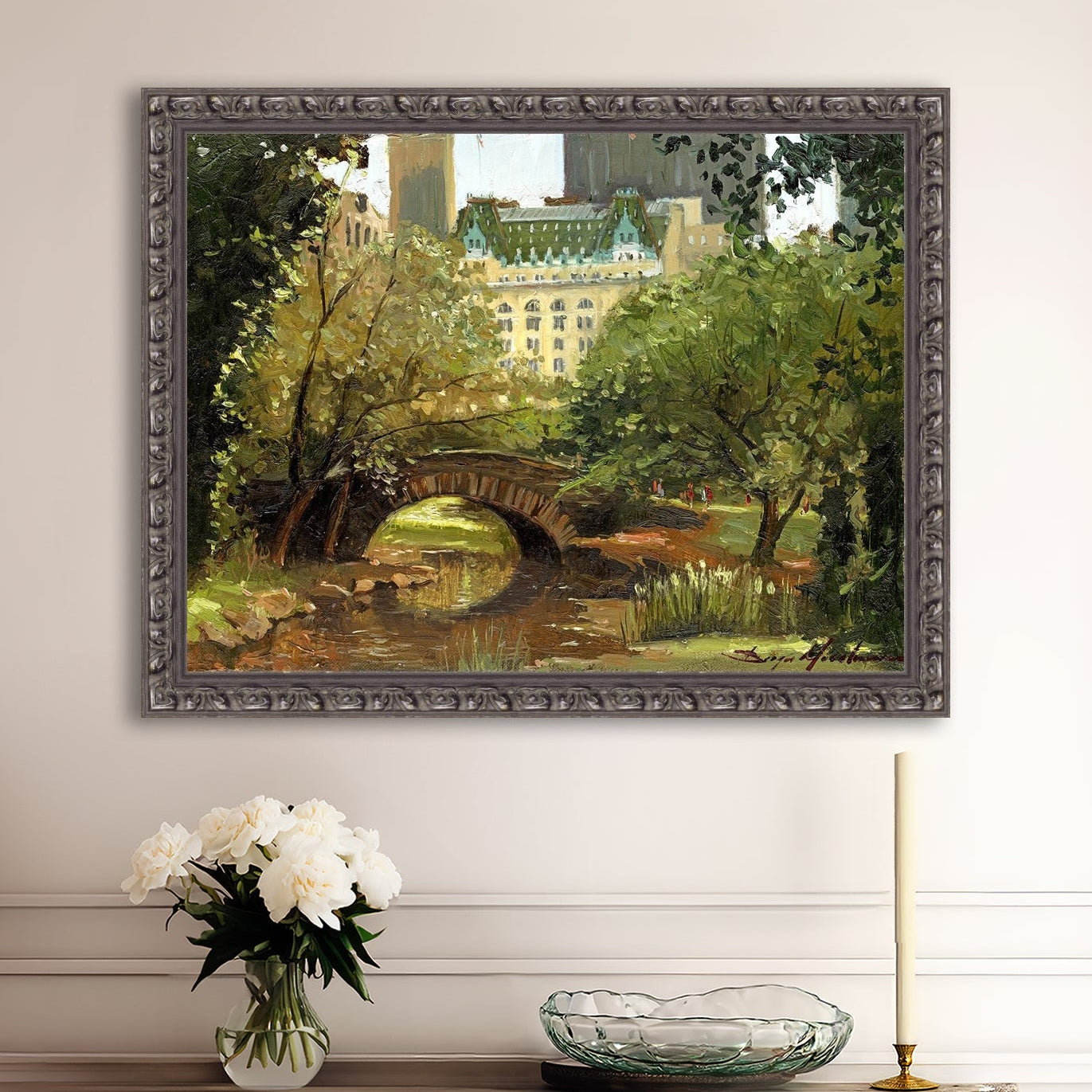 A canvas print of 'Summer in Central Park, New York' featuring bridge in the park and Plaza Hotel in the background.