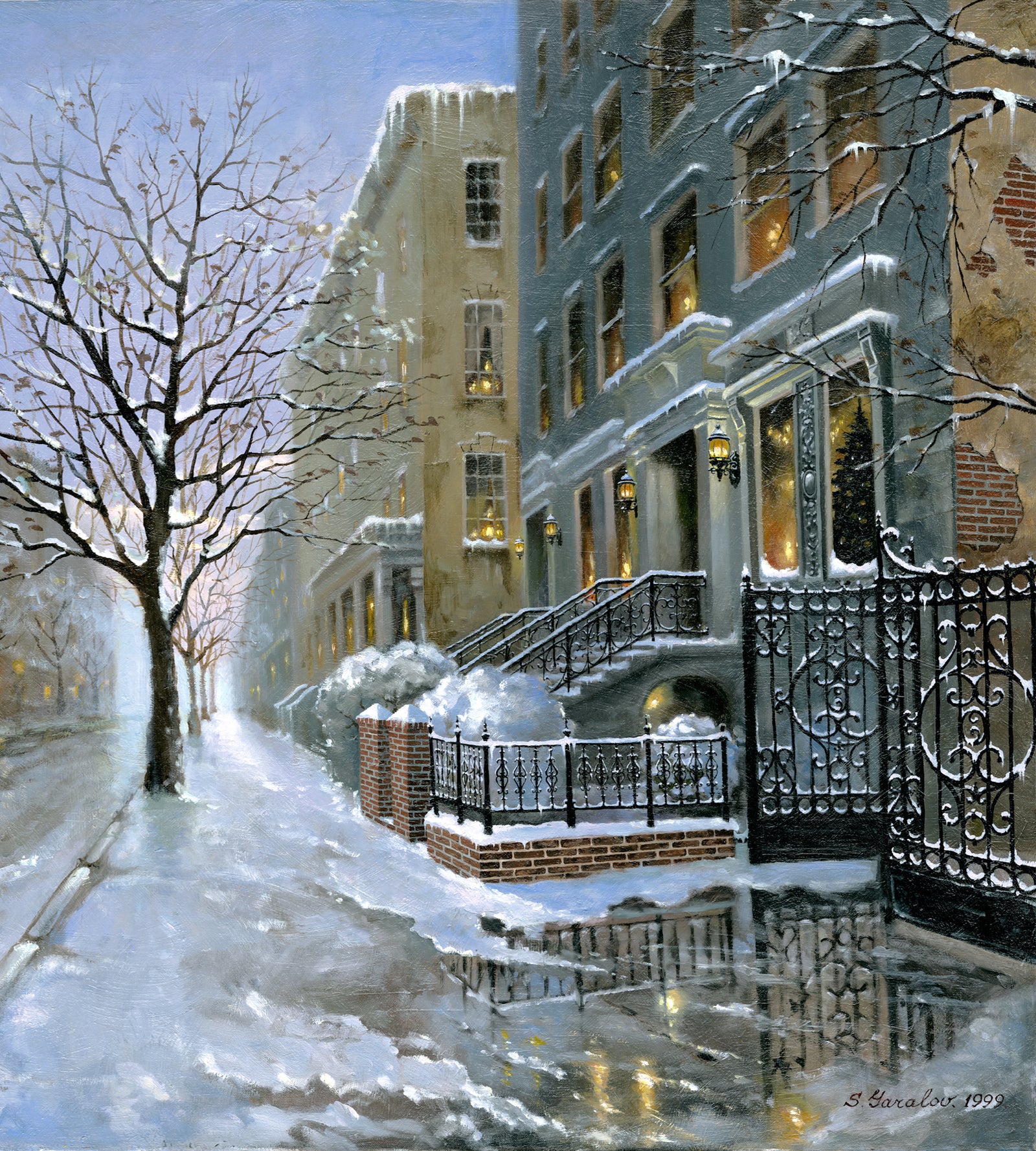 Snowy 82nd street in New York with a brownstone  building entrance and Christmas Tree in the window.