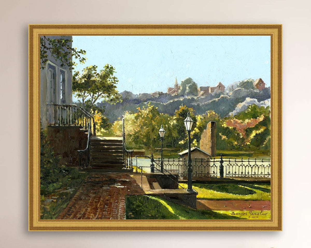 Summer Day, painting of Main Street, Bethlehem, Moravian Church