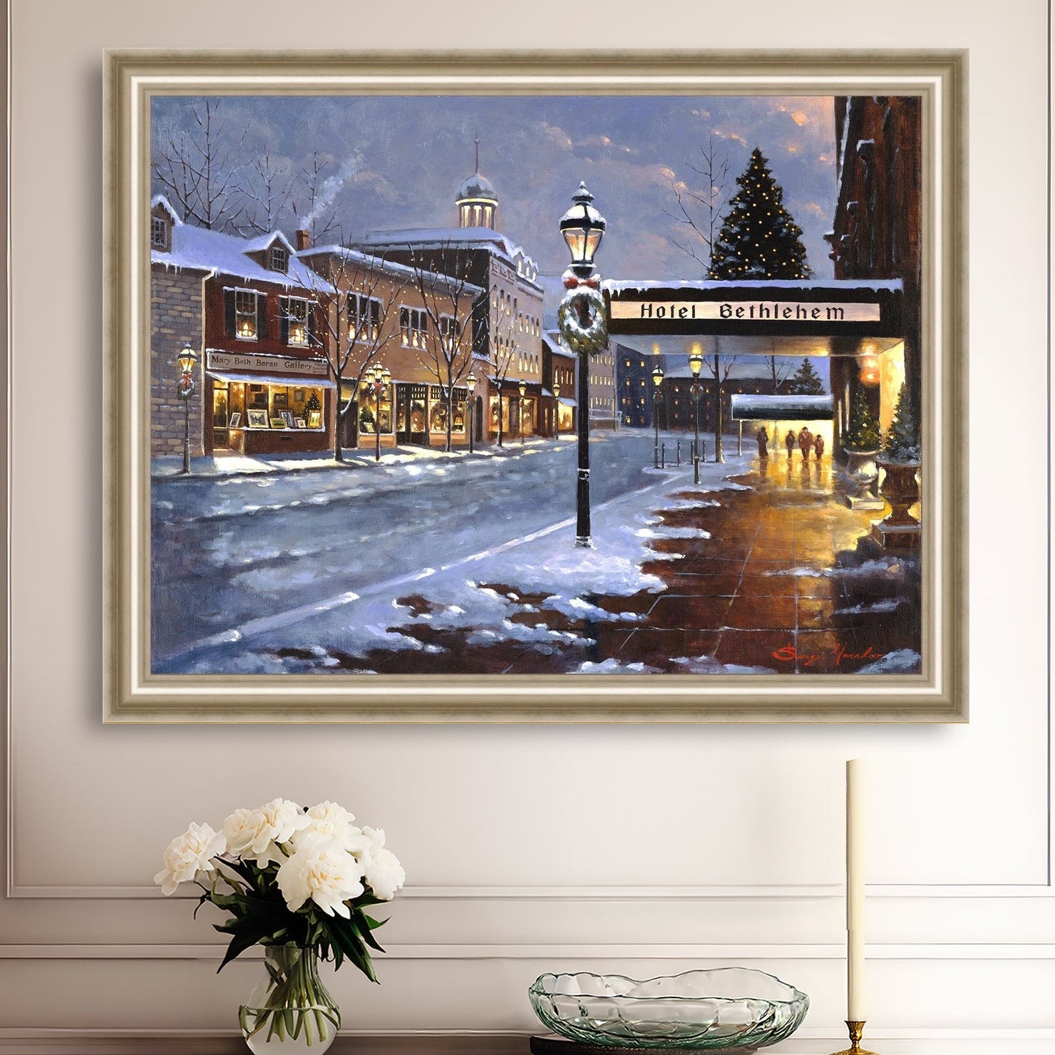 Hotel Bethlehem painting with the snow and Christmas Tree 