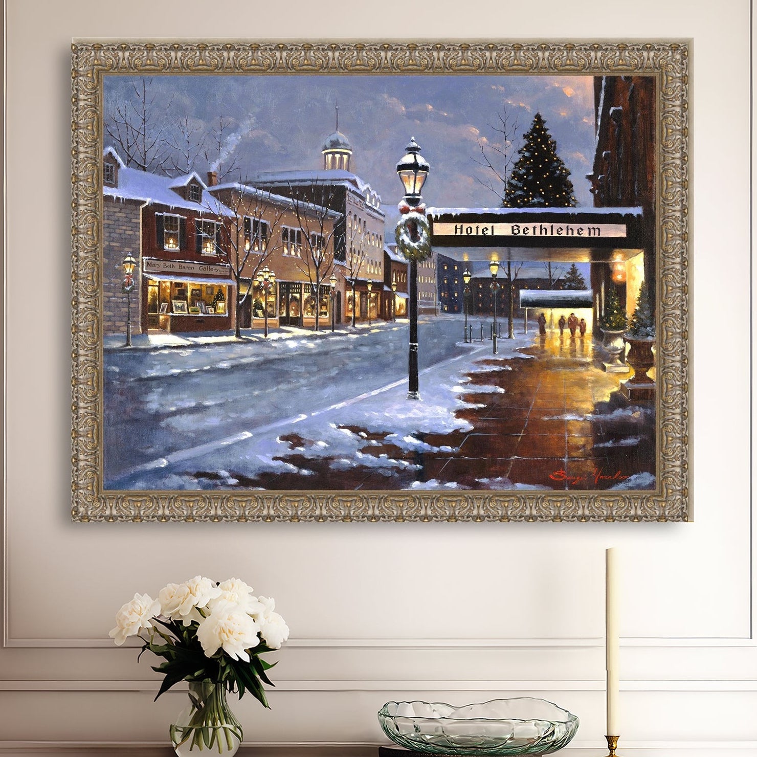Hotel Bethlehem painting with the snow and Christmas Tree 