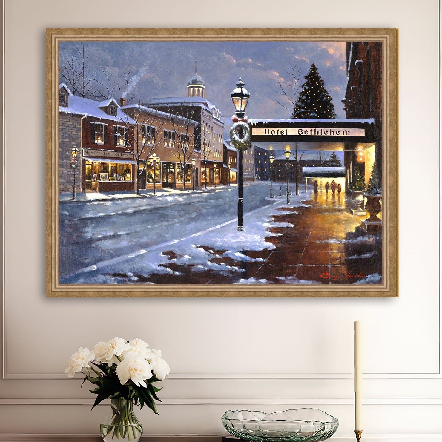 Hotel Bethlehem painting with the snow and Christmas Tree 