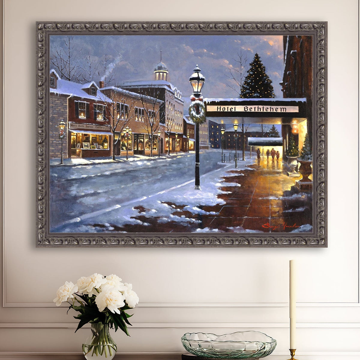 Hotel Bethlehem painting with the snow and Christmas Tree 