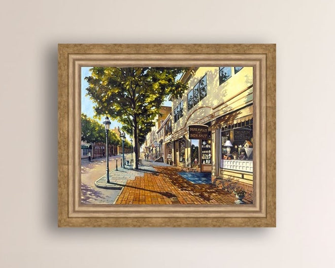 A vibrant giclee canvas print depicting a main street Bethlehem scene with Moravian Book shop.