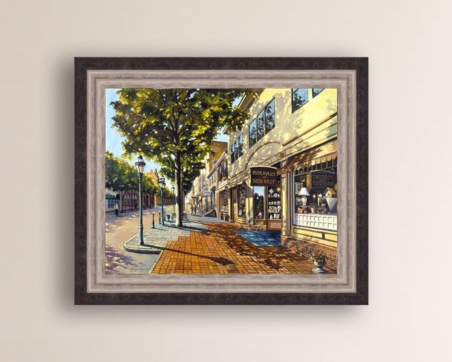 A vibrant giclee canvas print depicting a main street Bethlehem scene with Moravian Book shop.
