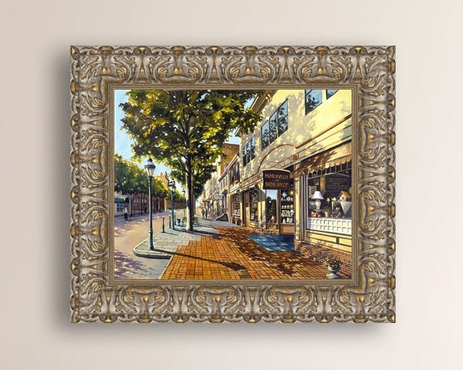 A vibrant giclee canvas print depicting a main street Bethlehem scene with Moravian Book shop.