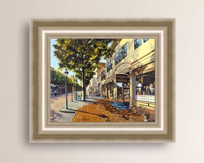 A vibrant giclee canvas print depicting a main street Bethlehem scene with Moravian Book shop.