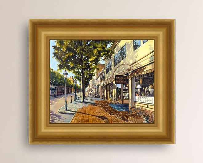 A vibrant giclee canvas print depicting a main street Bethlehem scene with Moravian Book shop.