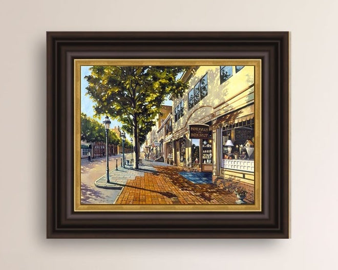 A vibrant giclee canvas print depicting a main street Bethlehem scene with Moravian Book shop.