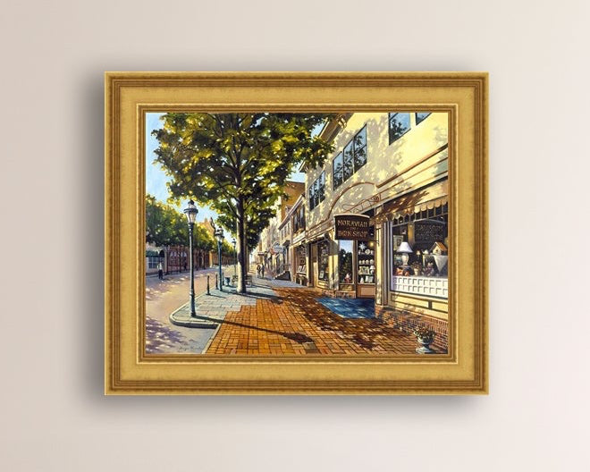 A vibrant giclee canvas print depicting a main street Bethlehem scene with Moravian Book shop.