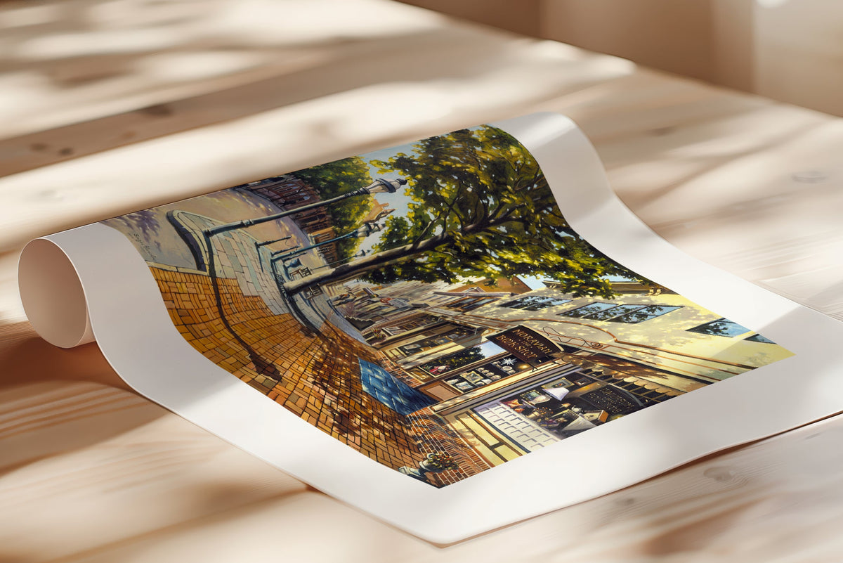A vibrant giclee canvas print depicting a main street Bethlehem scene with Moravian Book shop.