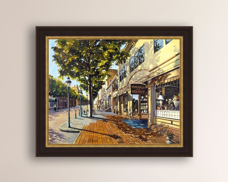 A vibrant giclee canvas print depicting a main street Bethlehem scene with Moravian Book shop.