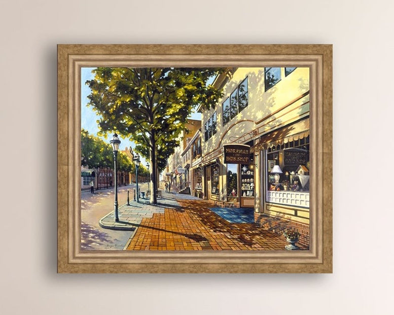 A vibrant giclee canvas print depicting a main street Bethlehem scene with Moravian Book shop.