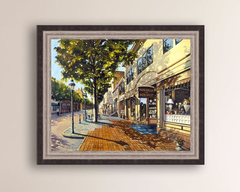 A vibrant giclee canvas print depicting a main street Bethlehem scene with Moravian Book shop.