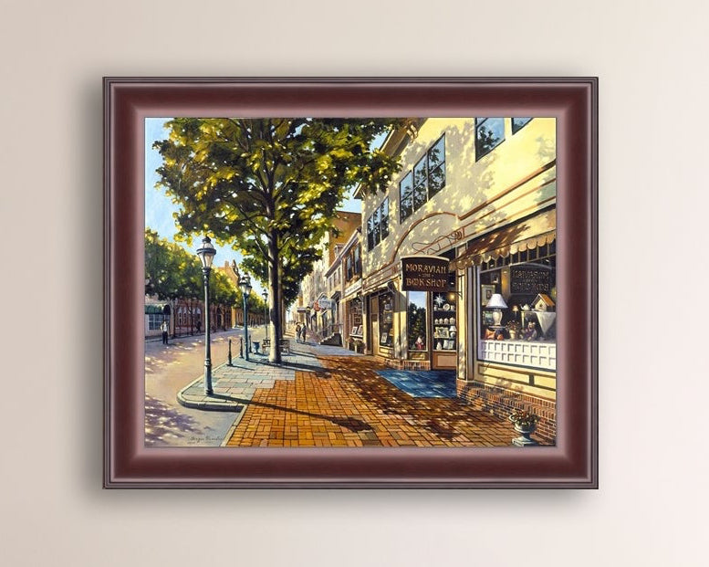 A vibrant giclee canvas print depicting a main street Bethlehem scene with Moravian Book shop.