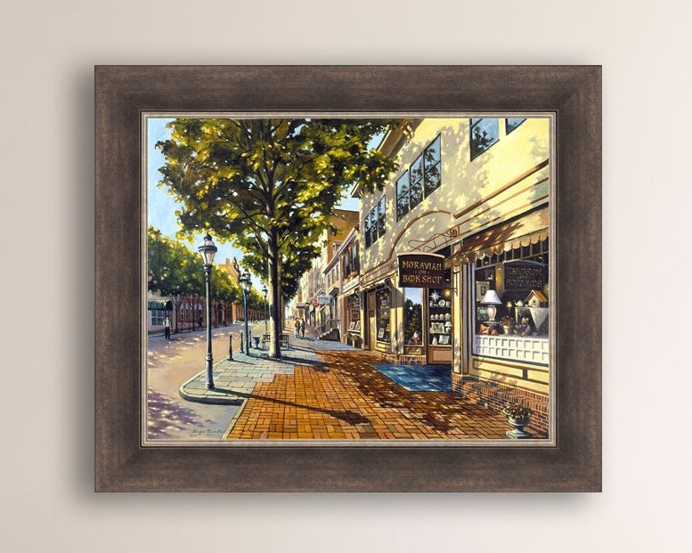 A vibrant giclee canvas print depicting a main street Bethlehem scene with Moravian Book shop.