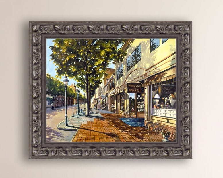 A vibrant giclee canvas print depicting a main street Bethlehem scene with Moravian Book shop.