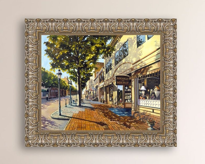A vibrant giclee canvas print depicting a main street Bethlehem scene with Moravian Book shop.