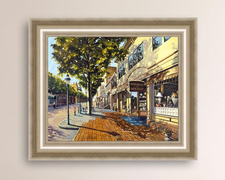 A vibrant giclee canvas print depicting a main street Bethlehem scene with Moravian Book shop.
