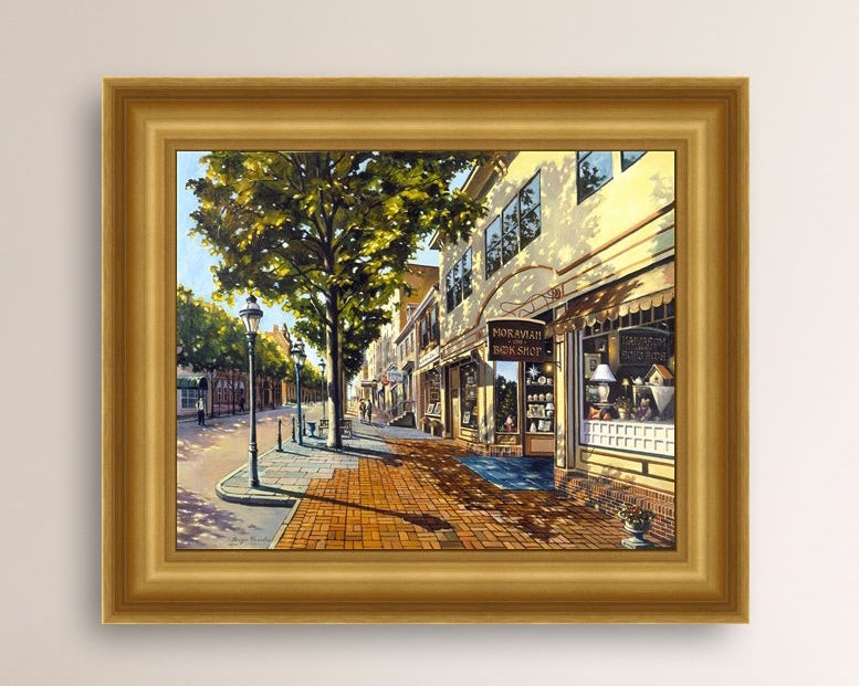 A vibrant giclee canvas print depicting a main street Bethlehem scene with Moravian Book shop.