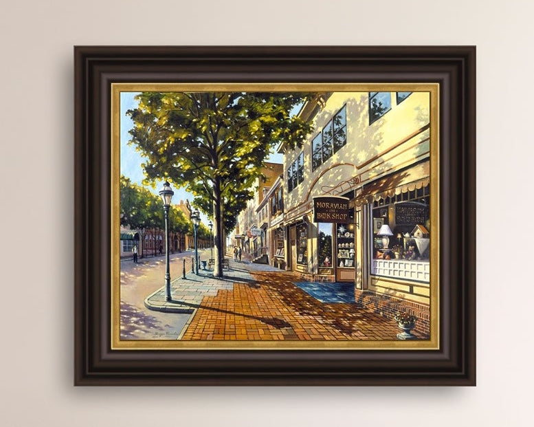A vibrant giclee canvas print depicting a main street Bethlehem scene with Moravian Book shop.