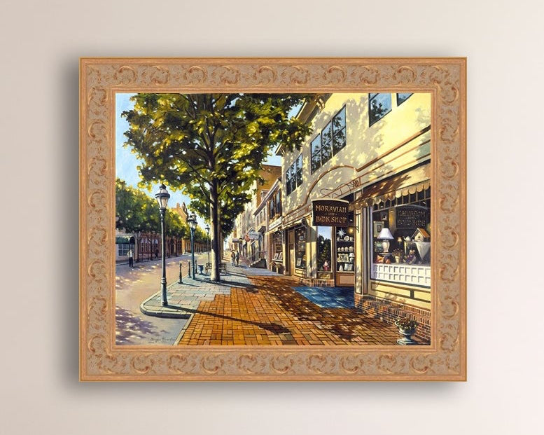 A vibrant giclee canvas print depicting a main street Bethlehem scene with Moravian Book shop.