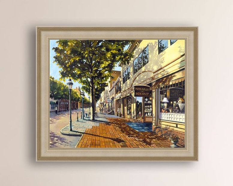 A vibrant giclee canvas print depicting a main street Bethlehem scene with Moravian Book shop.