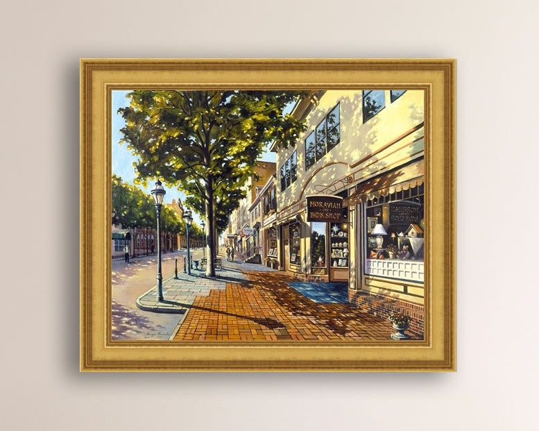 A vibrant giclee canvas print depicting a main street Bethlehem scene with Moravian Book shop.