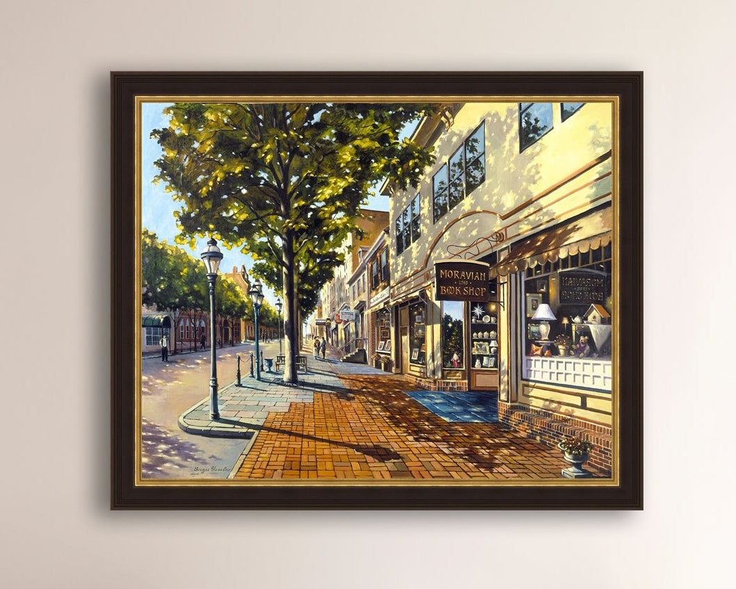 A vibrant giclee canvas print depicting a main street Bethlehem scene with Moravian Book shop.