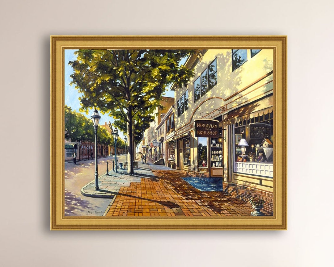 A vibrant giclee canvas print depicting a main street Bethlehem scene with Moravian Book shop.