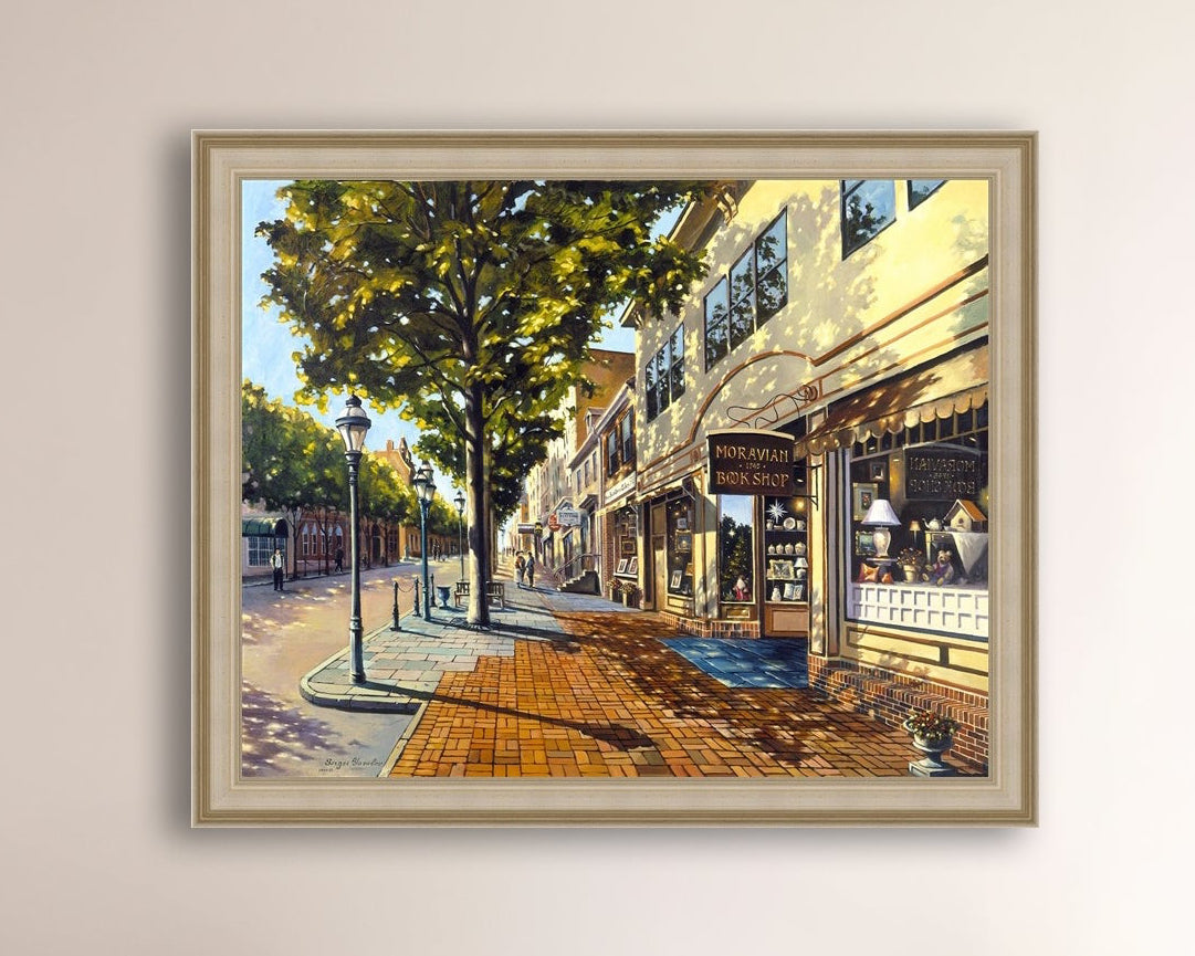 A vibrant giclee canvas print depicting a main street Bethlehem scene with Moravian Book shop.