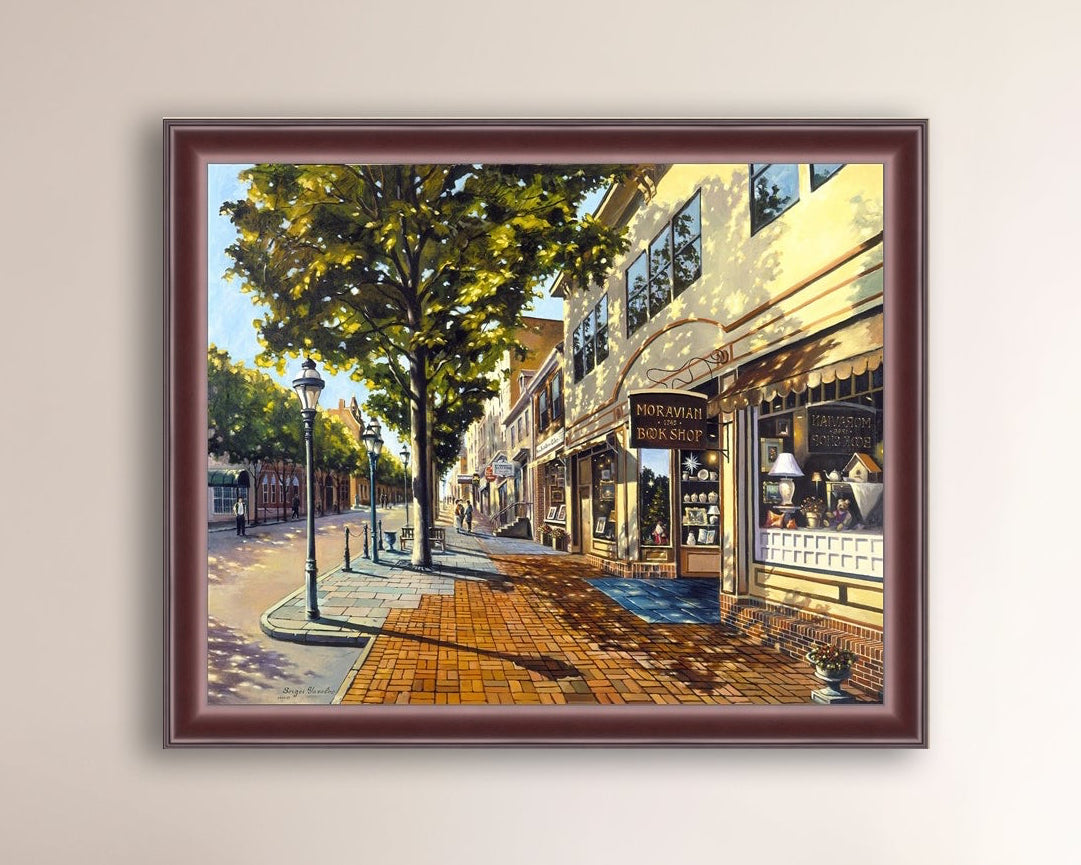 A vibrant giclee canvas print depicting a main street Bethlehem scene with Moravian Book shop.