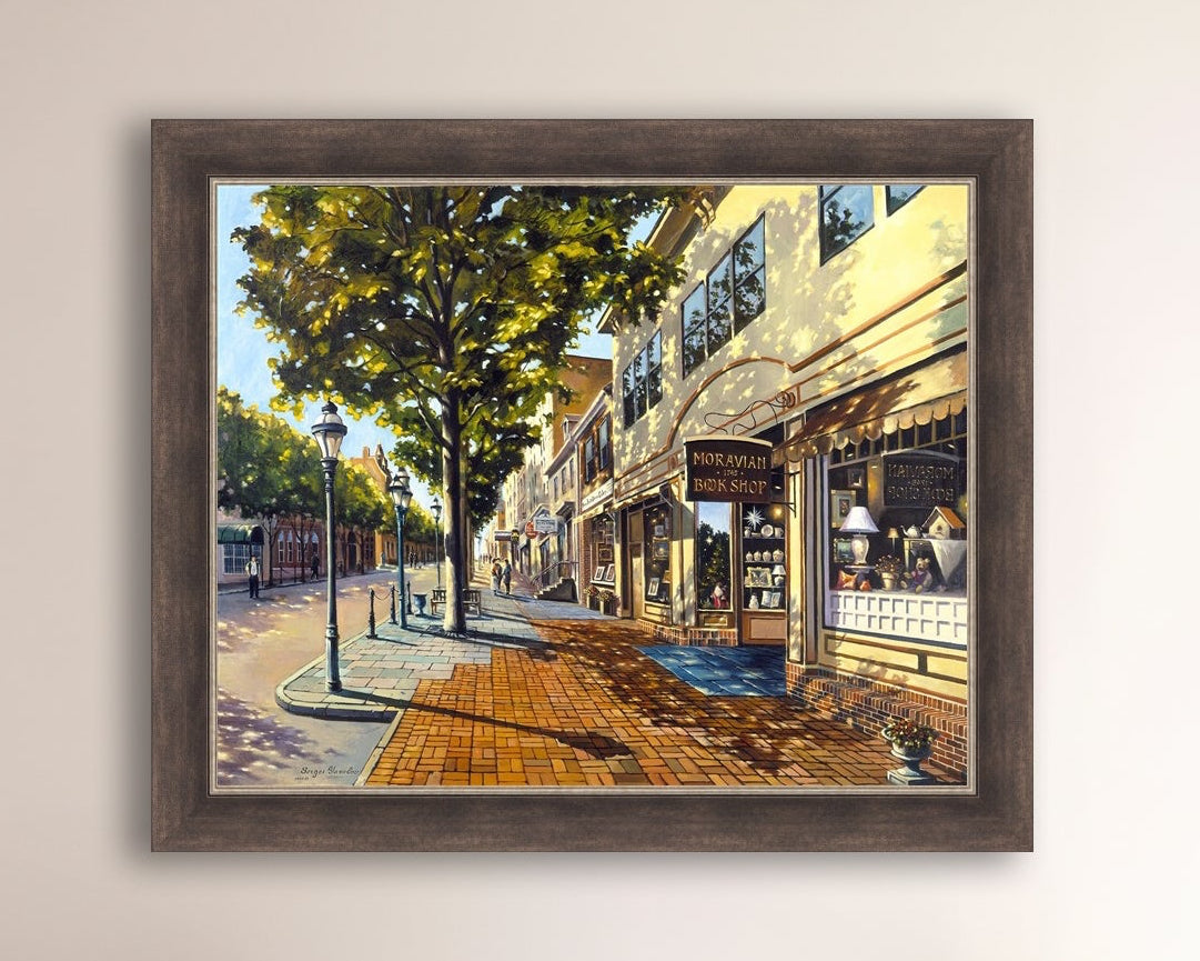 A vibrant giclee canvas print depicting a main street Bethlehem scene with Moravian Book shop.