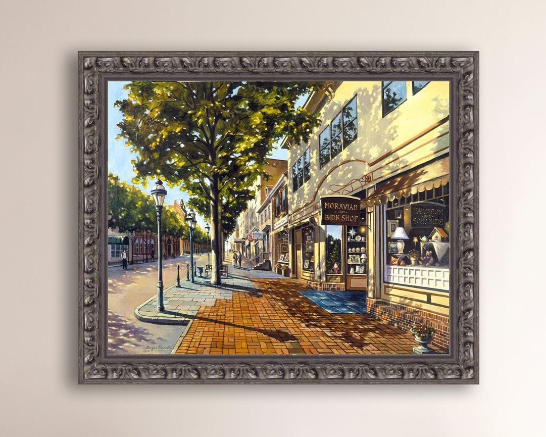A vibrant giclee canvas print depicting a main street Bethlehem scene with Moravian Book shop.