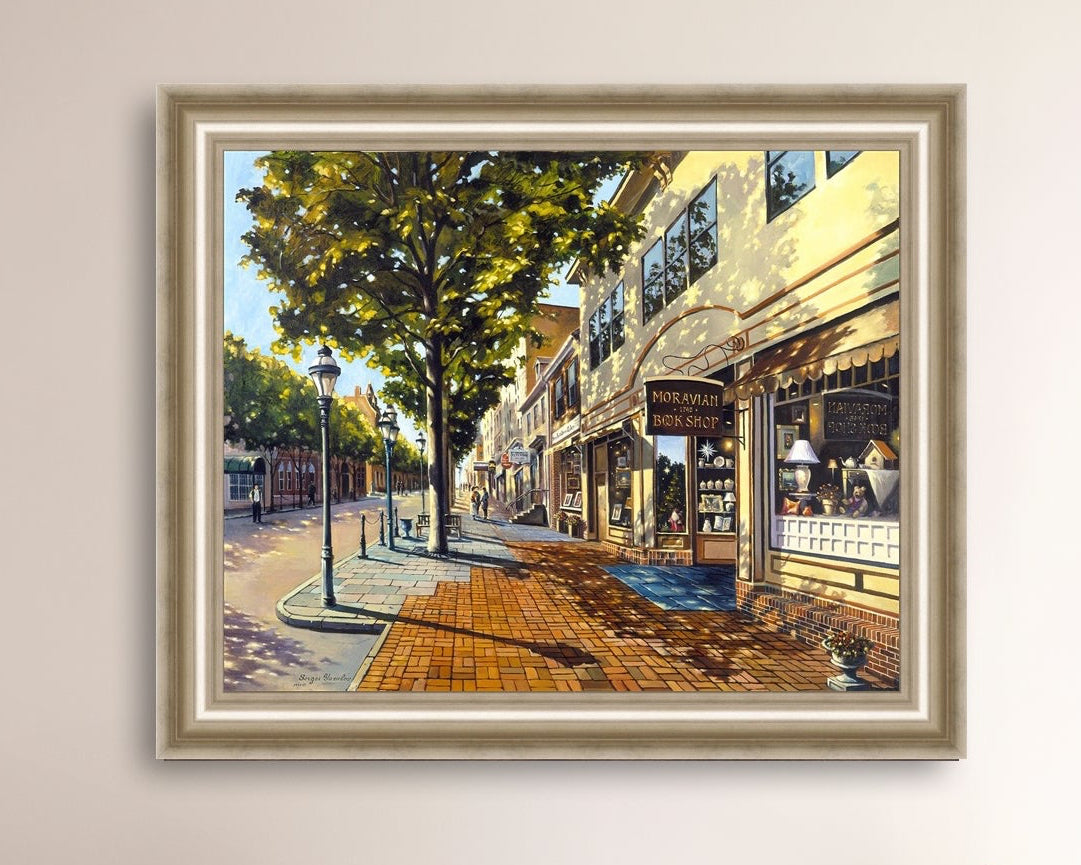 A vibrant giclee canvas print depicting a main street Bethlehem scene with Moravian Book shop.
