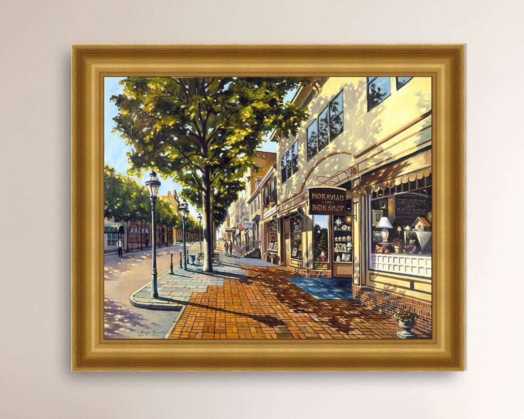 A vibrant giclee canvas print depicting a main street Bethlehem scene with Moravian Book shop.